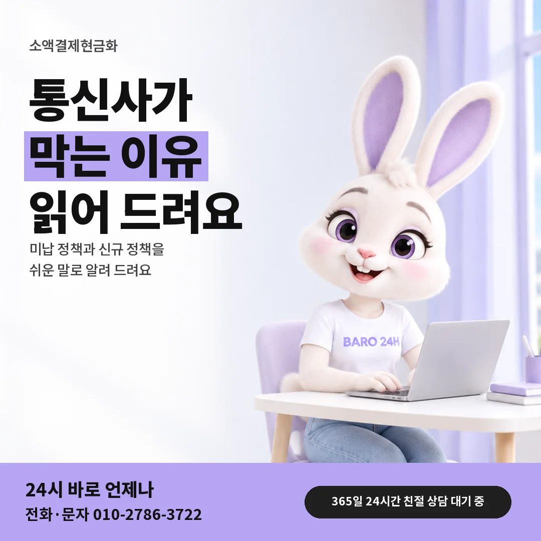 휴대폰을 보며 웃는 BARO 24H 티셔츠를 입은 3D 토끼 캐릭터 옆에 「소액결제 미납 · 신규 정책」 제목을 얹은 안내 카드