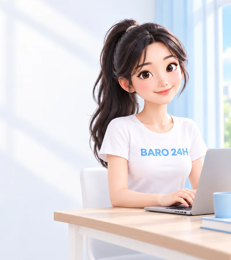 휴대폰을 들고 상담을 안내하는 BARO 24H 티셔츠 차림의 20대 3D 인물